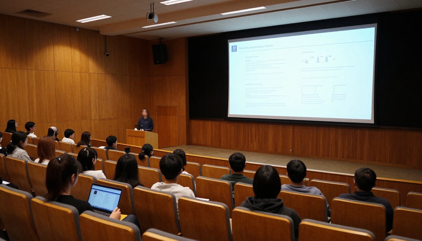 A large university lecture hall with students viewing an academic flipbook projected on screen