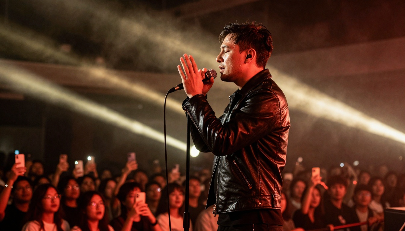 A musician performing on stage bathed in amber and red stage lighting with a crowd in silhouette below