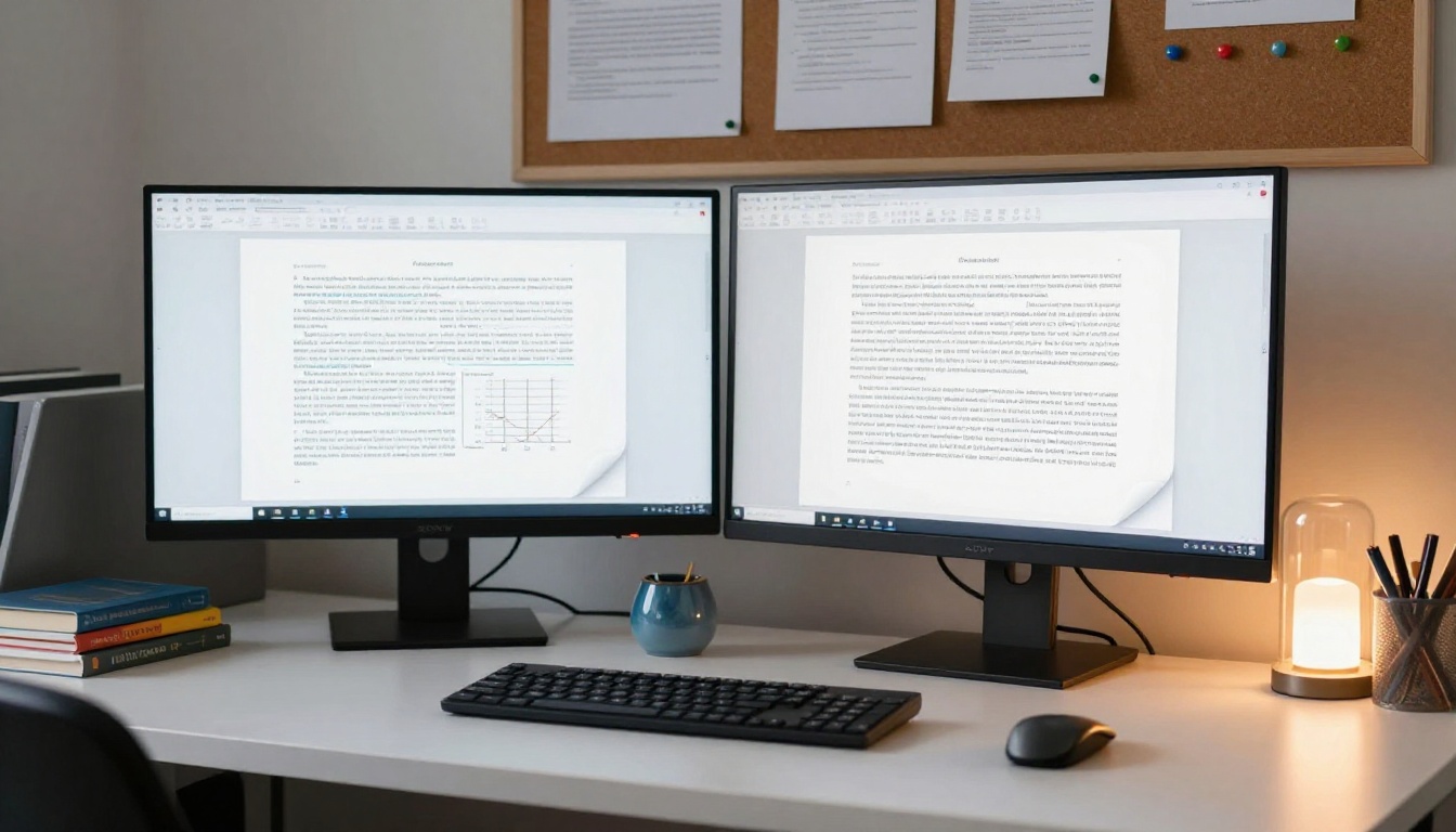 A modern academic office with dual monitors showing a PDF thesis and its digital flipbook version