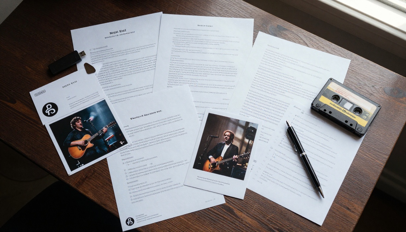 A flat-lay of musician press kit materials on a walnut desk with printed bios, concert photos, and business cards