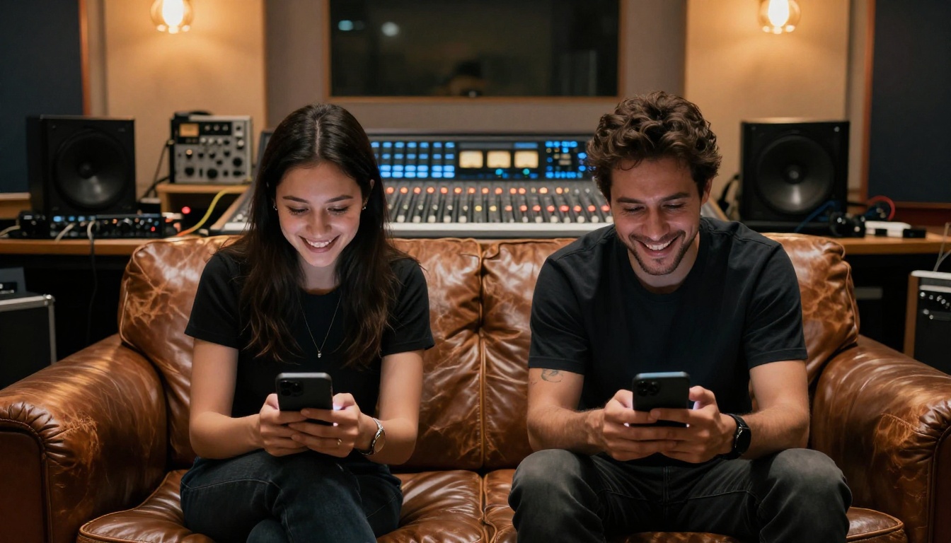 Two musicians on a studio sofa reviewing their digital press kit on smartphones and smiling as they discuss the layout