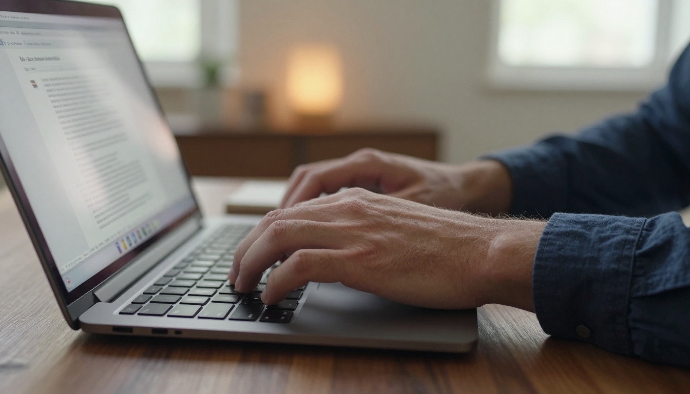 Man uploading a PDF on a laptop in a home office with natural window light Man uploading a PDF on a laptop in a home office with natural window light