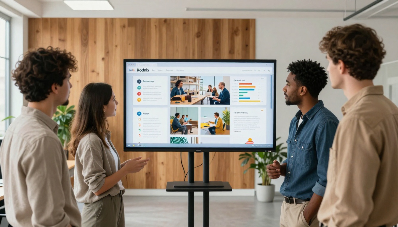 Team reviewing a digital company profile on a monitor in a studio office Team reviewing a digital company profile on a monitor in a studio office