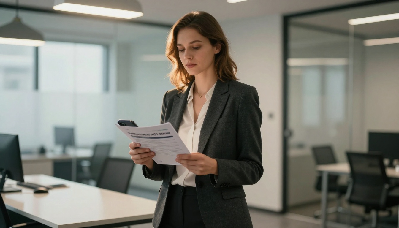 Professional woman standing confidently holding brand documents in a modern office Professional woman standing confidently holding brand documents in a modern office
