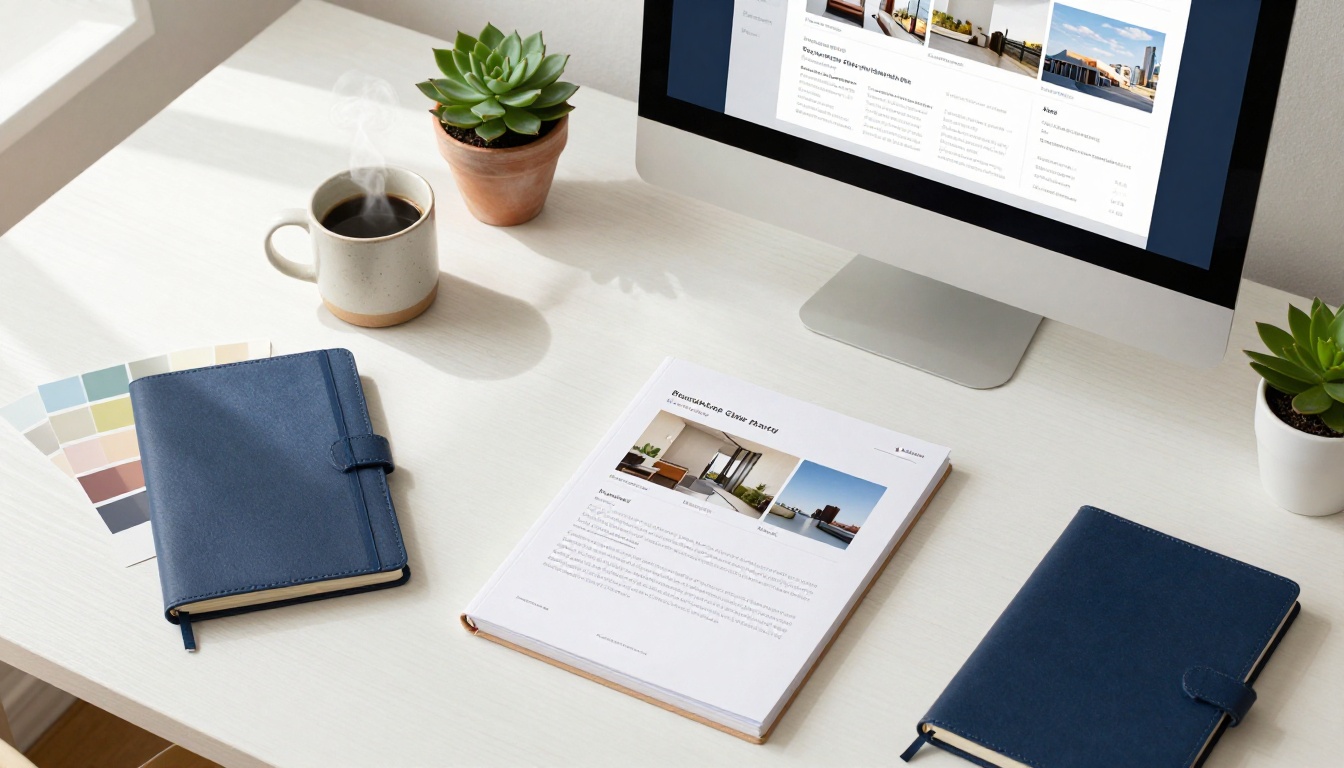 Flat-lay of desk with MacBook showing flipbook layout and brand color swatches Flat-lay of desk with MacBook showing flipbook layout and brand color swatches