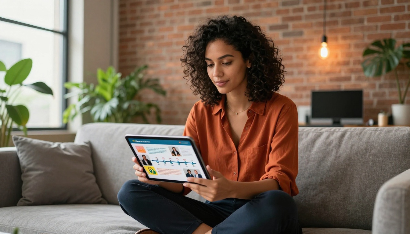 Marketing professional sitting on office couch reviewing interactive company flipbook on tablet Marketing professional sitting on office couch reviewing interactive company flipbook on tablet