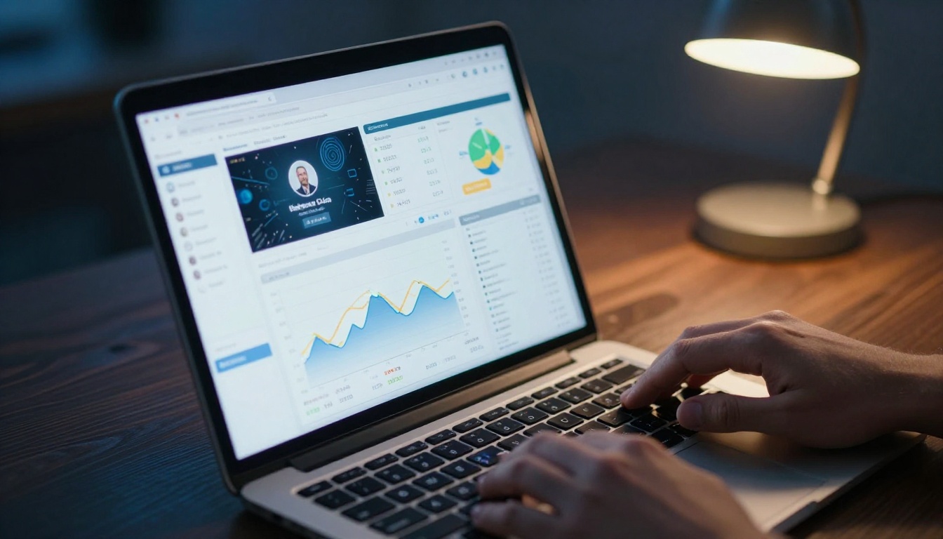 Laptop screen showing analytics dashboard with company profile engagement data Laptop screen showing analytics dashboard with company profile engagement data