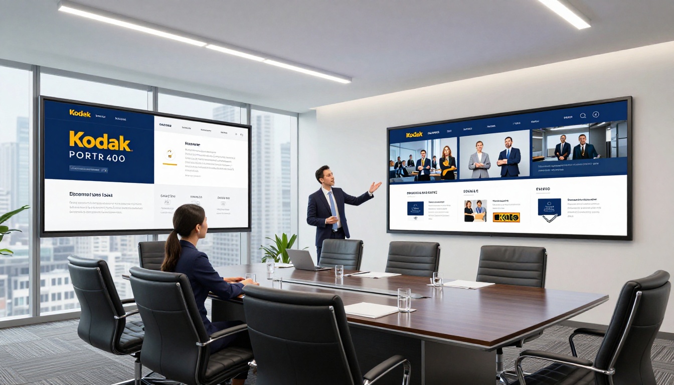 Boardroom presentation of a company profile on a large wall-mounted screen Boardroom presentation of a company profile on a large wall-mounted screen