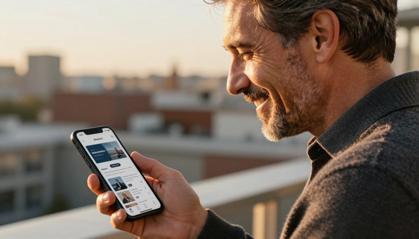 Entrepreneur smiling while viewing company profile on smartphone outdoors at golden hour Entrepreneur smiling while viewing company profile on smartphone outdoors at golden hour