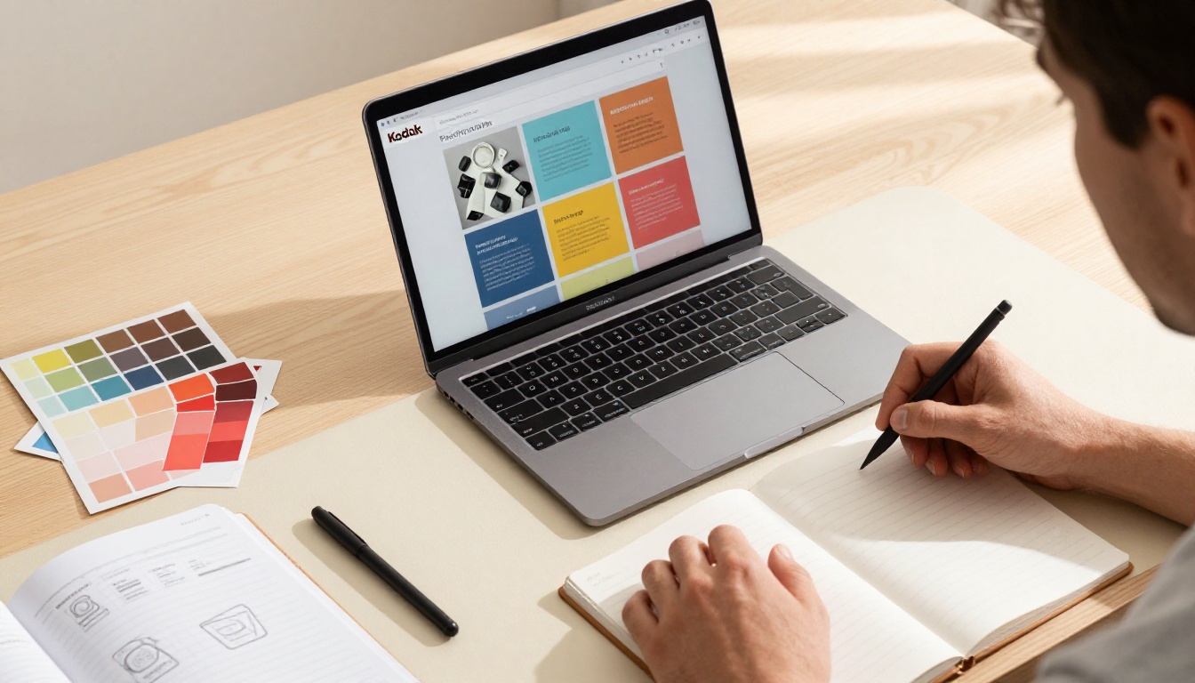 Designer working on brand customization with color swatches and laptop on a wooden desk Designer working on brand customization with color swatches and laptop on a wooden desk