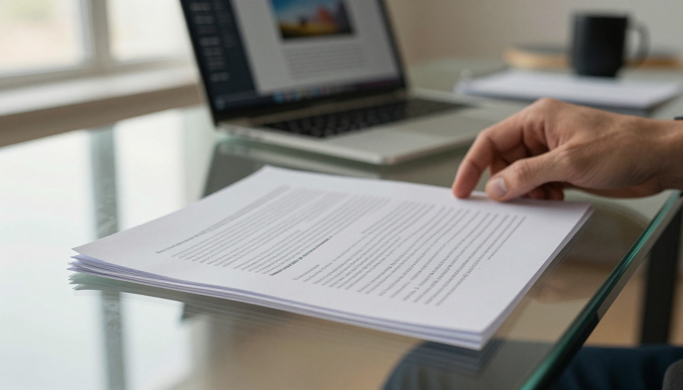Hands placing a printed PDF document onto a modern glass desk with laptop glowing in background