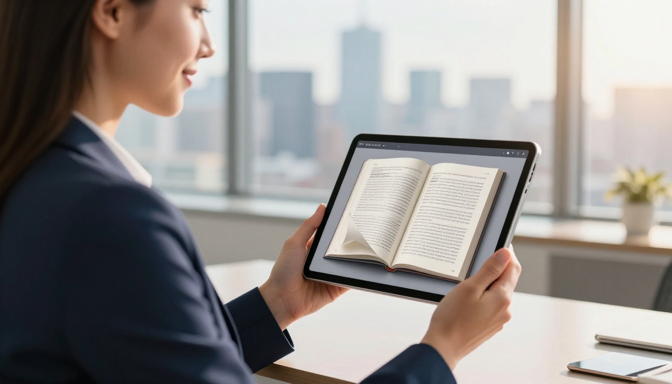 Businesswoman in navy blazer holding iPad displaying interactive digital flipbook in modern office with city skyline