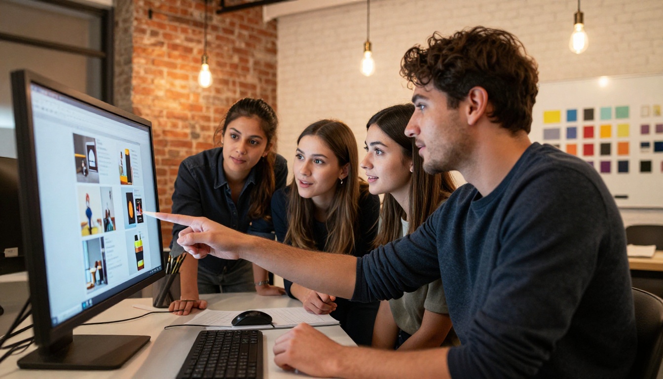 Marketing team of three professionals reviewing digital product catalog flipbook on large studio monitor