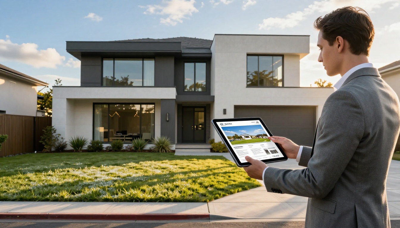 Real estate agent in grey suit standing outside modern luxury home holding tablet with property brochure flipbook