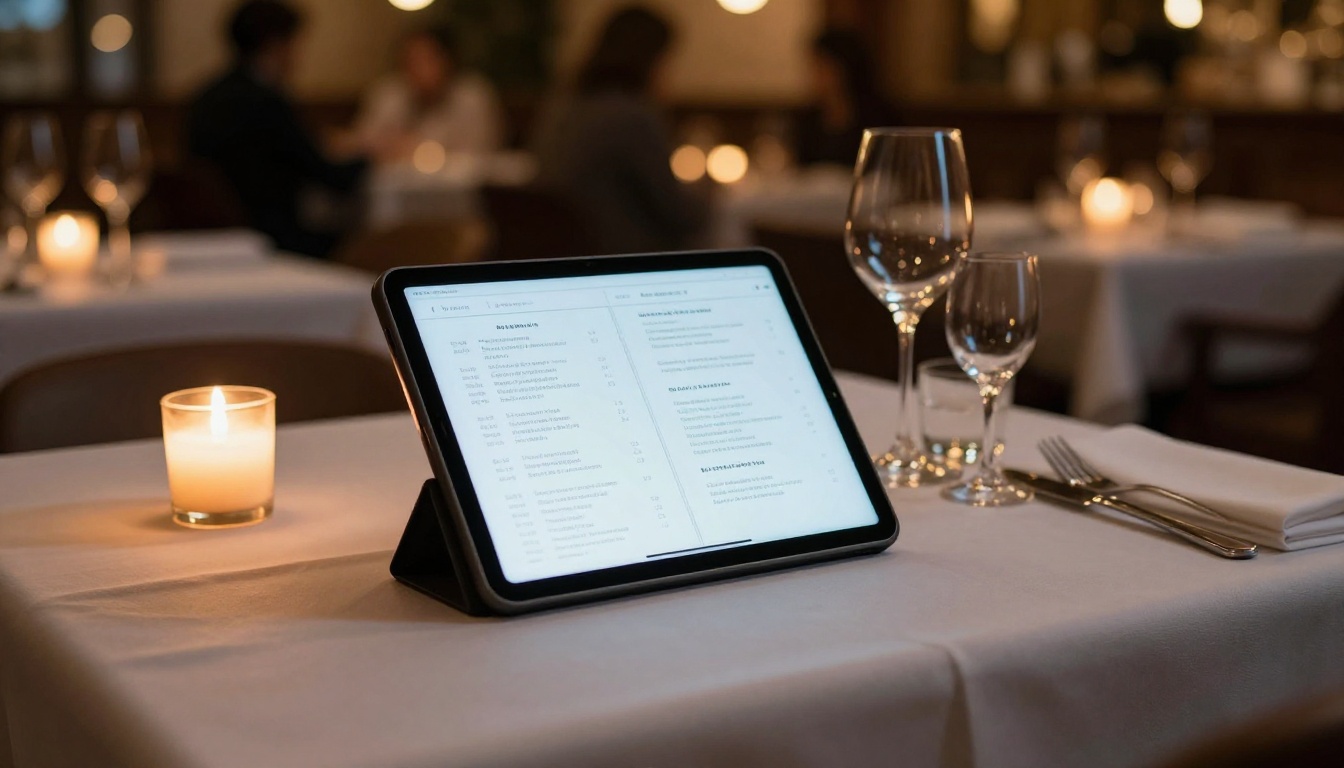 Elegant restaurant table with tablet displaying interactive digital menu flipbook beside wine glasses and candle