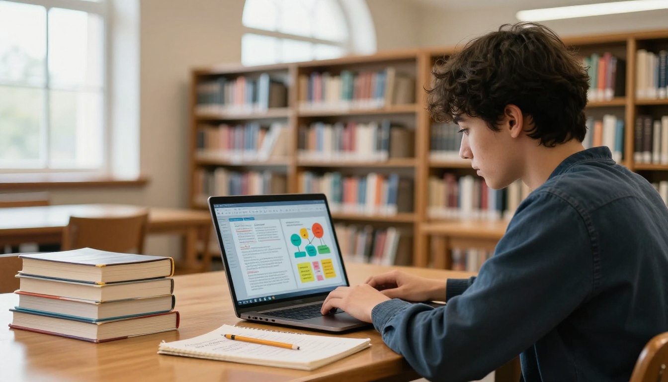 University student reading educational flipbook on laptop at wooden library table with natural light from arched windows