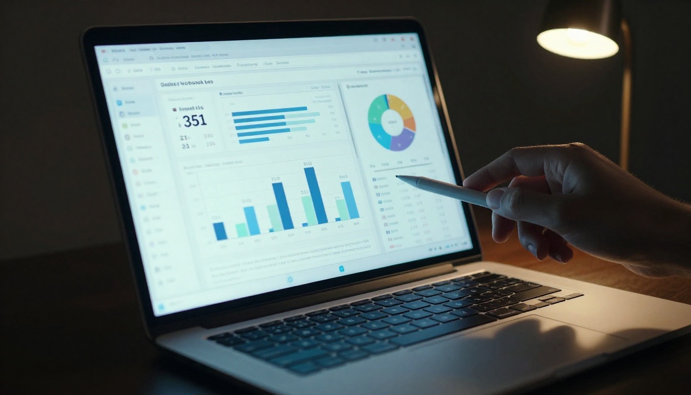 Laptop screen showing flipbook analytics dashboard with charts and viewer data in a dark minimal office setting