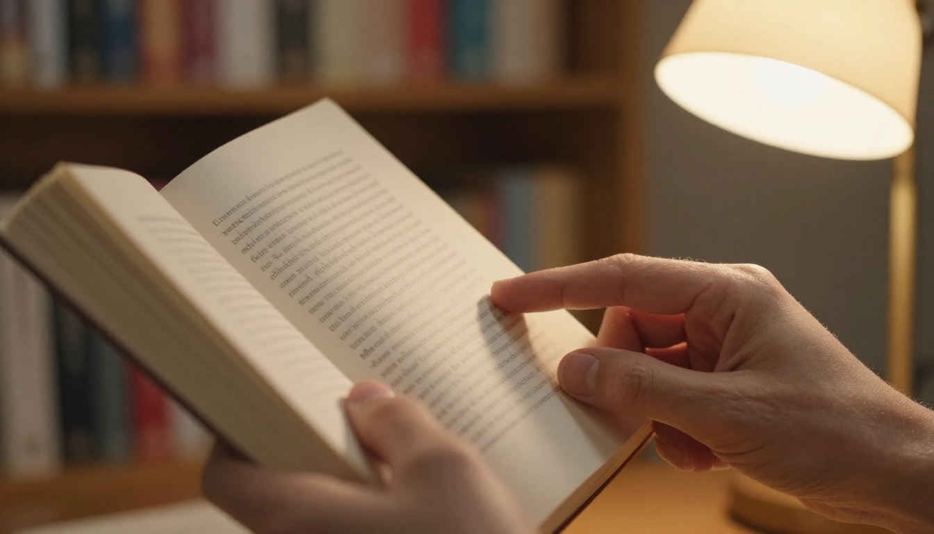Hands holding open book with realistic page texture and warm amber lighting