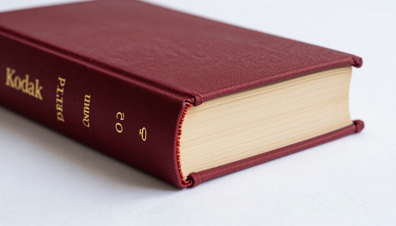Side-profile of hardcover book spine with cloth binding texture and gold embossing