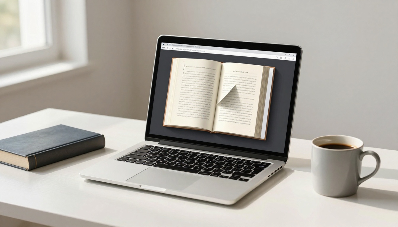 Laptop and physical hardcover book side by side on clean minimalist desk
