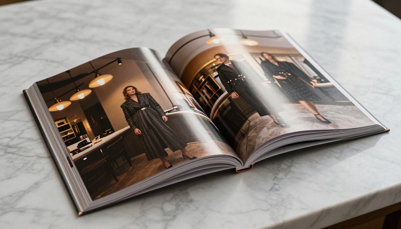 Glossy fashion lookbook open on marble countertop with realistic page curl and warm boutique lighting
