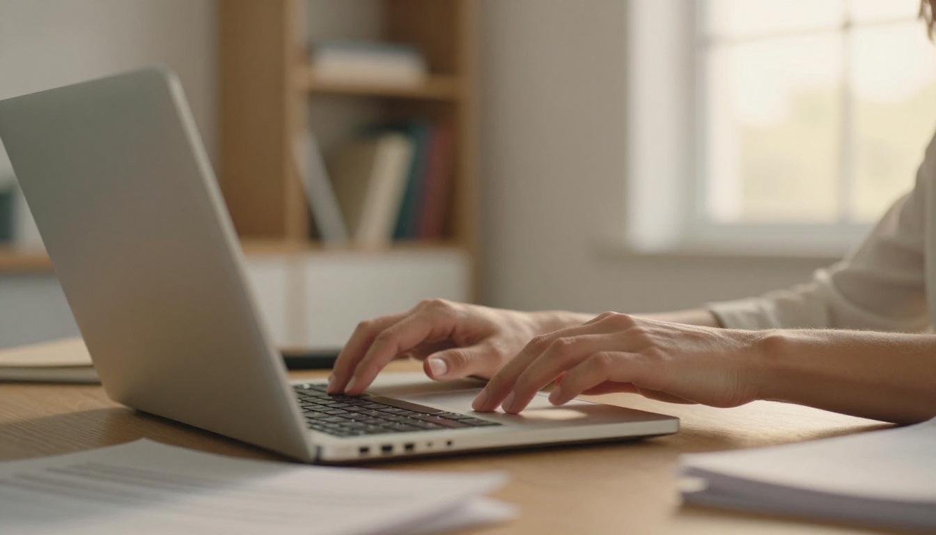 Woman uploading a document on a laptop in a bright modern home office