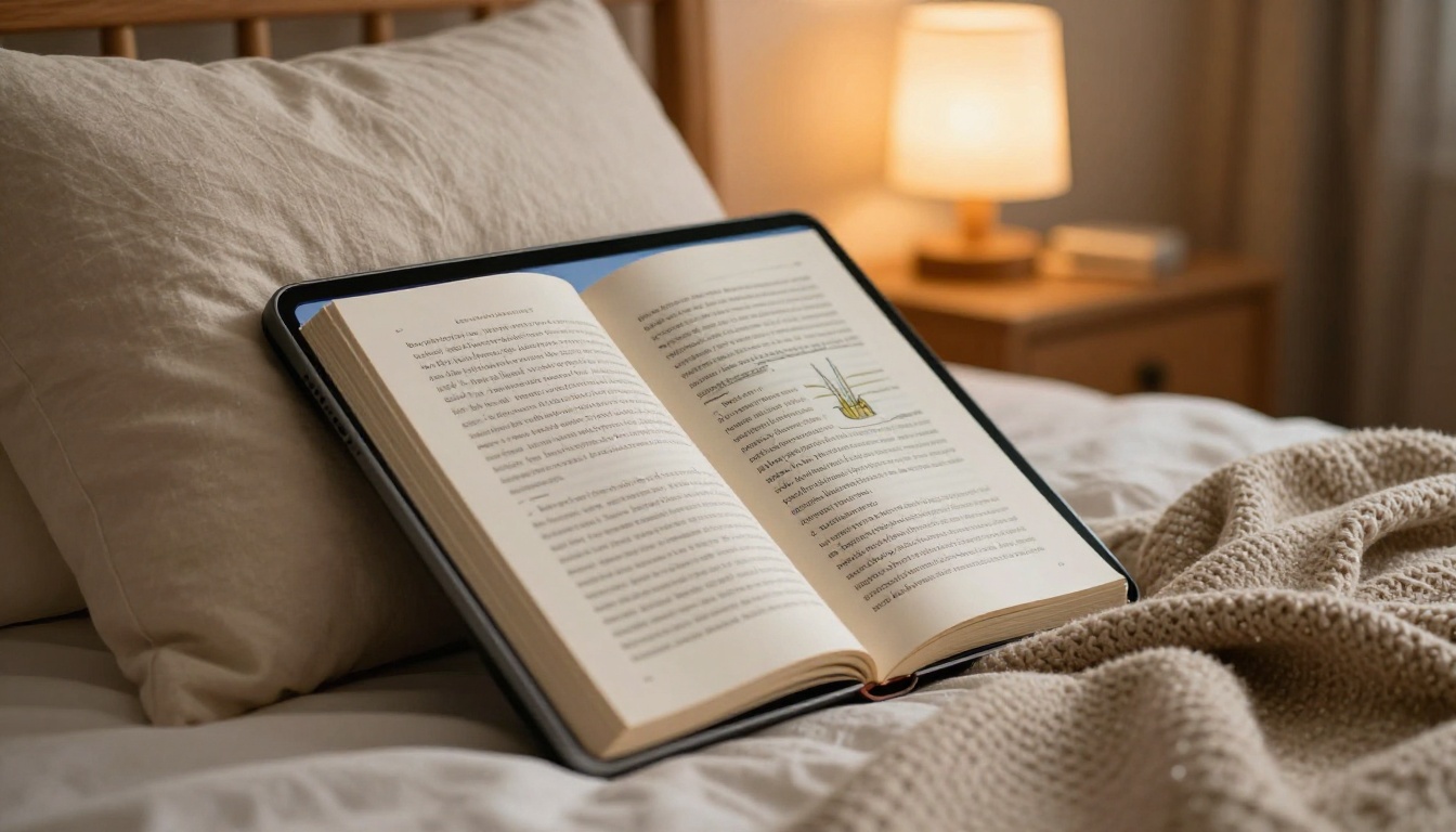 Tablet in cozy reading nook showing digital book with realistic page-turn effect