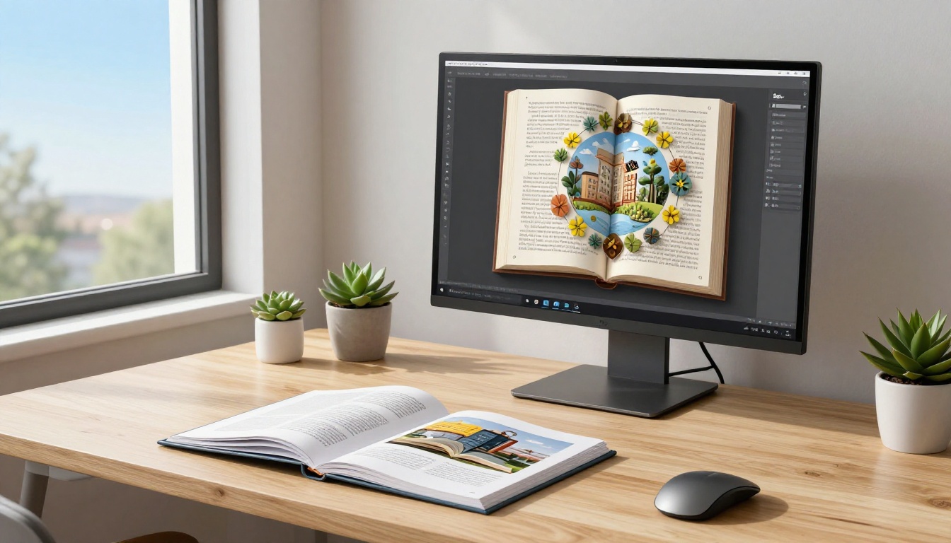 Professional workspace with monitor displaying digital flipbook next to open physical reference book