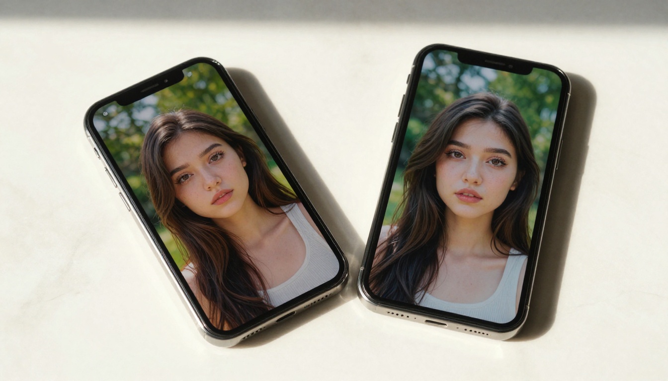 Two smartphones on marble desk showing identical AI prompts with different results
