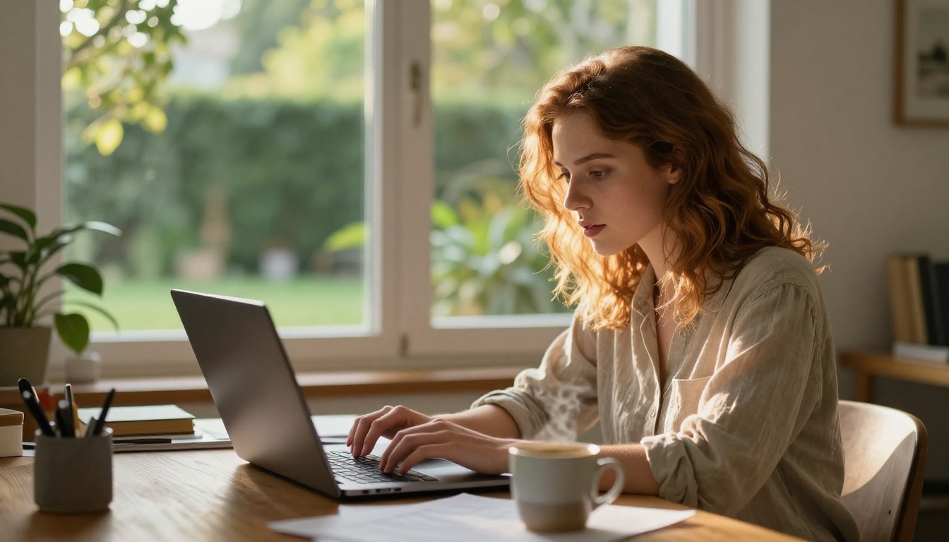 Woman at desk working with AI tools in sunlit home office