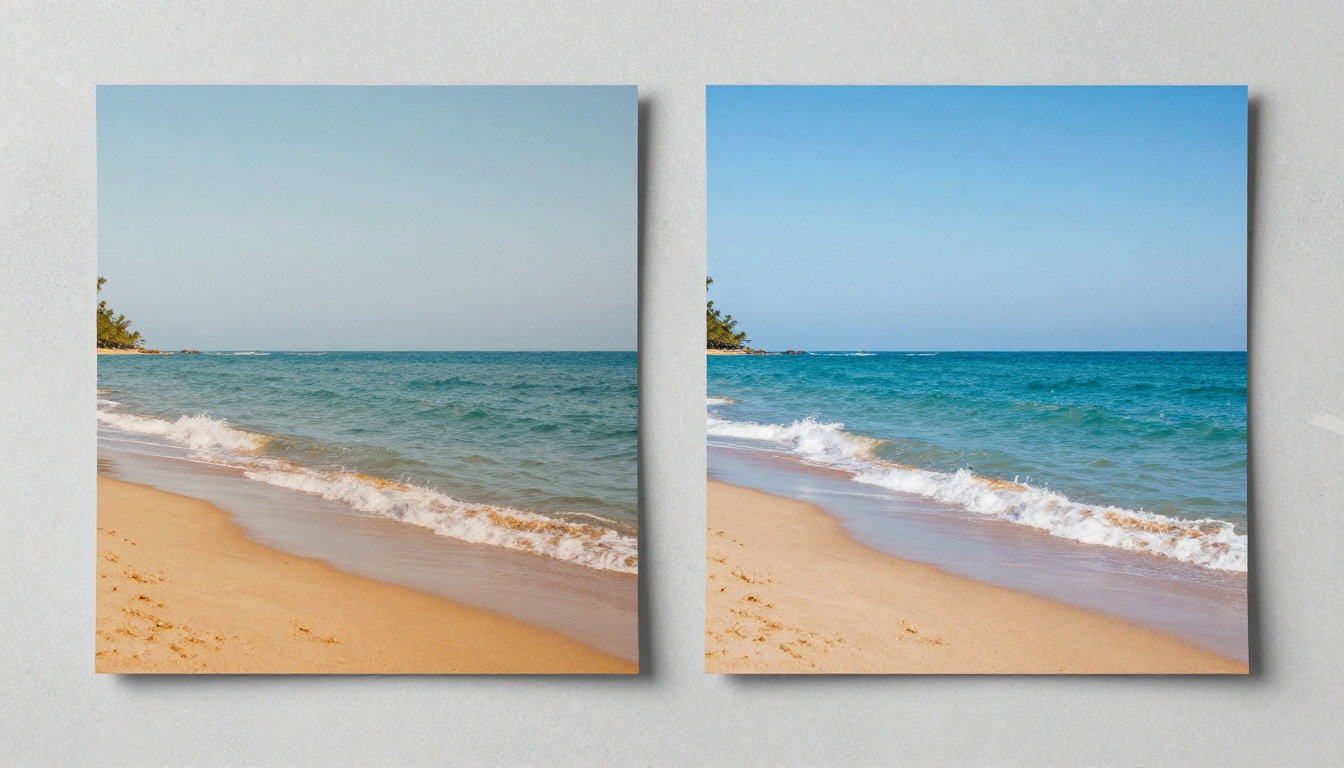 Two prints of the same beach scene side by side with different color tones