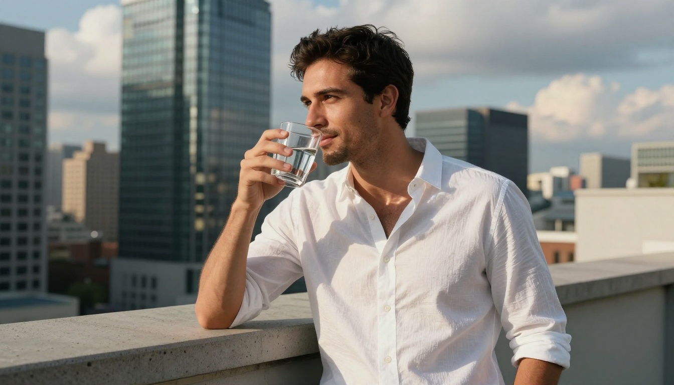 Man on rooftop terrace with city skyline in background