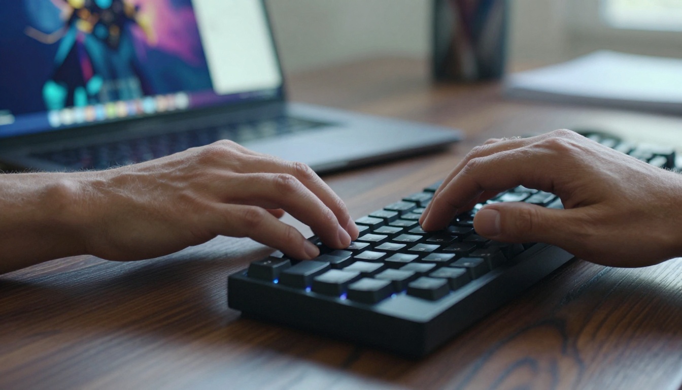 Hands typing prompts into an AI image generation interface on a mechanical keyboard Hands typing prompts into an AI image generation interface on a mechanical keyboard