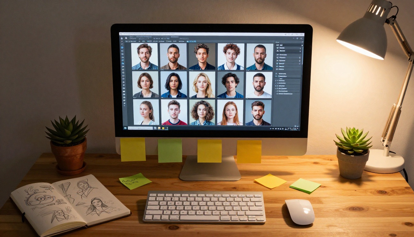 AI workspace with monitor showing image generation grid