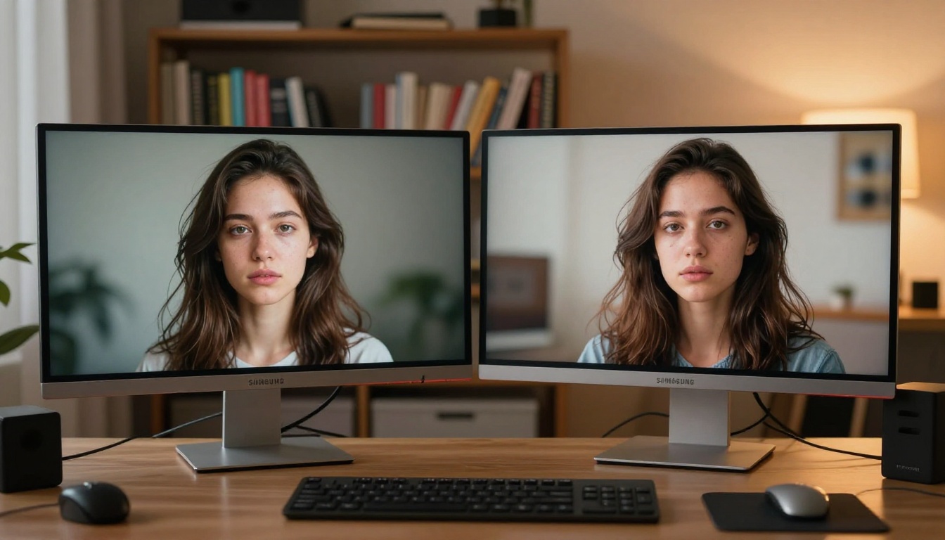 Side-by-side dual monitor setup showing two different AI-generated portrait outputs compared Side-by-side dual monitor setup showing two different AI-generated portrait outputs compared