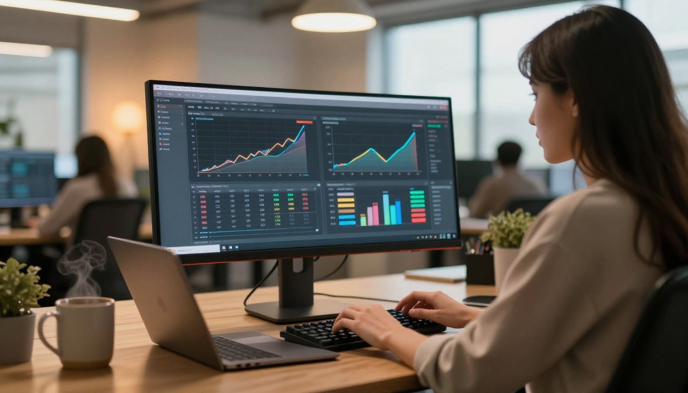 Developer reviewing AI image benchmarks at an ultrawide monitor workstation