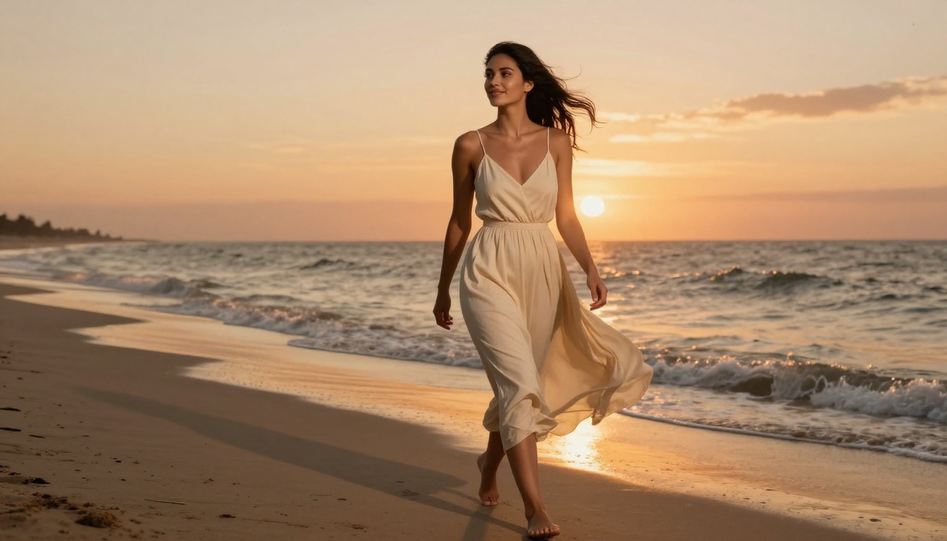 Beautiful woman in sundress walking along beach at golden hour