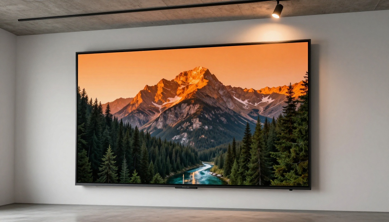 Low-angle view of a large monitor showing a photorealistic AI-generated mountain landscape at golden hour Low-angle view of a large monitor showing a photorealistic AI-generated mountain landscape at golden hour