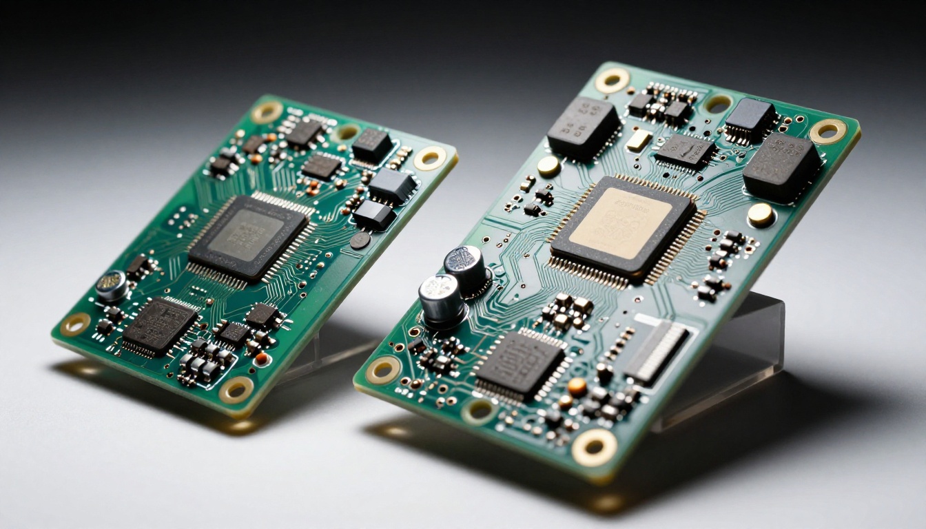 Close-up macro photograph of two AI processor circuit boards showing architectural differences