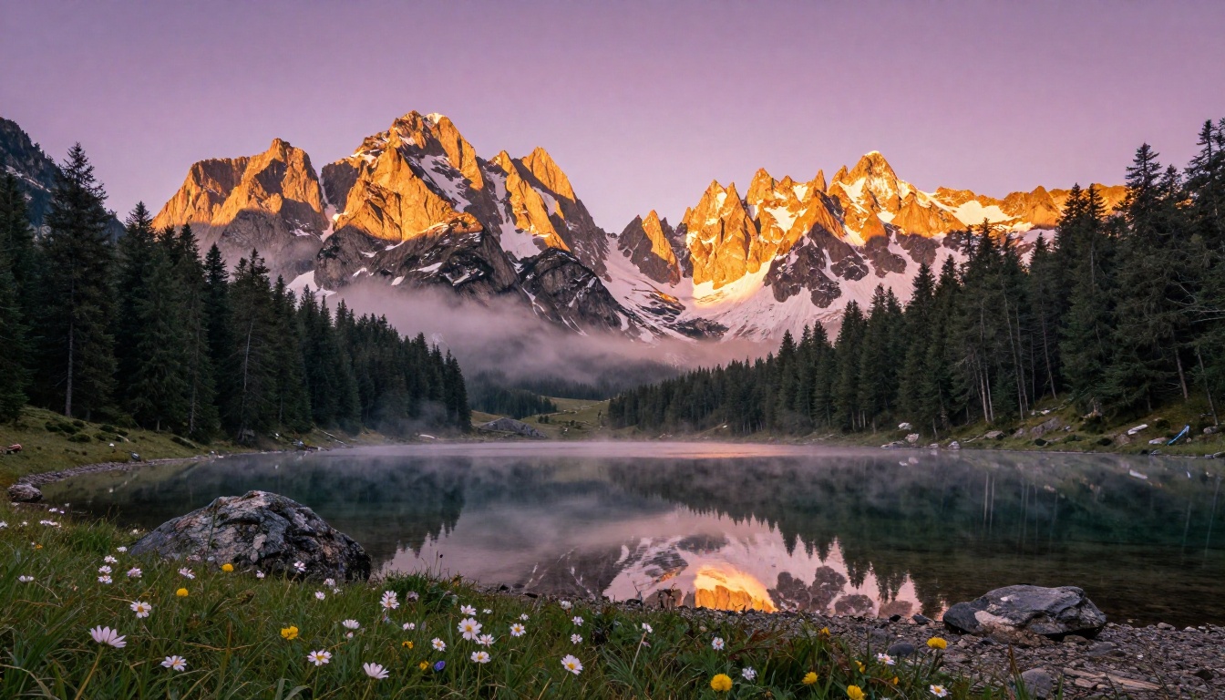 Breathtaking photorealistic mountain landscape at golden hour with alpine lake