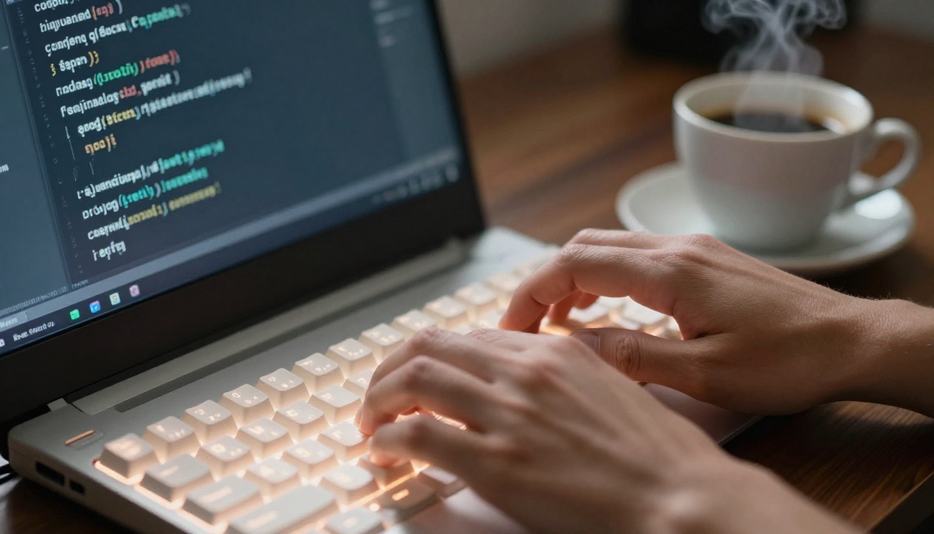 Hands typing on mechanical keyboard with coffee cup nearby