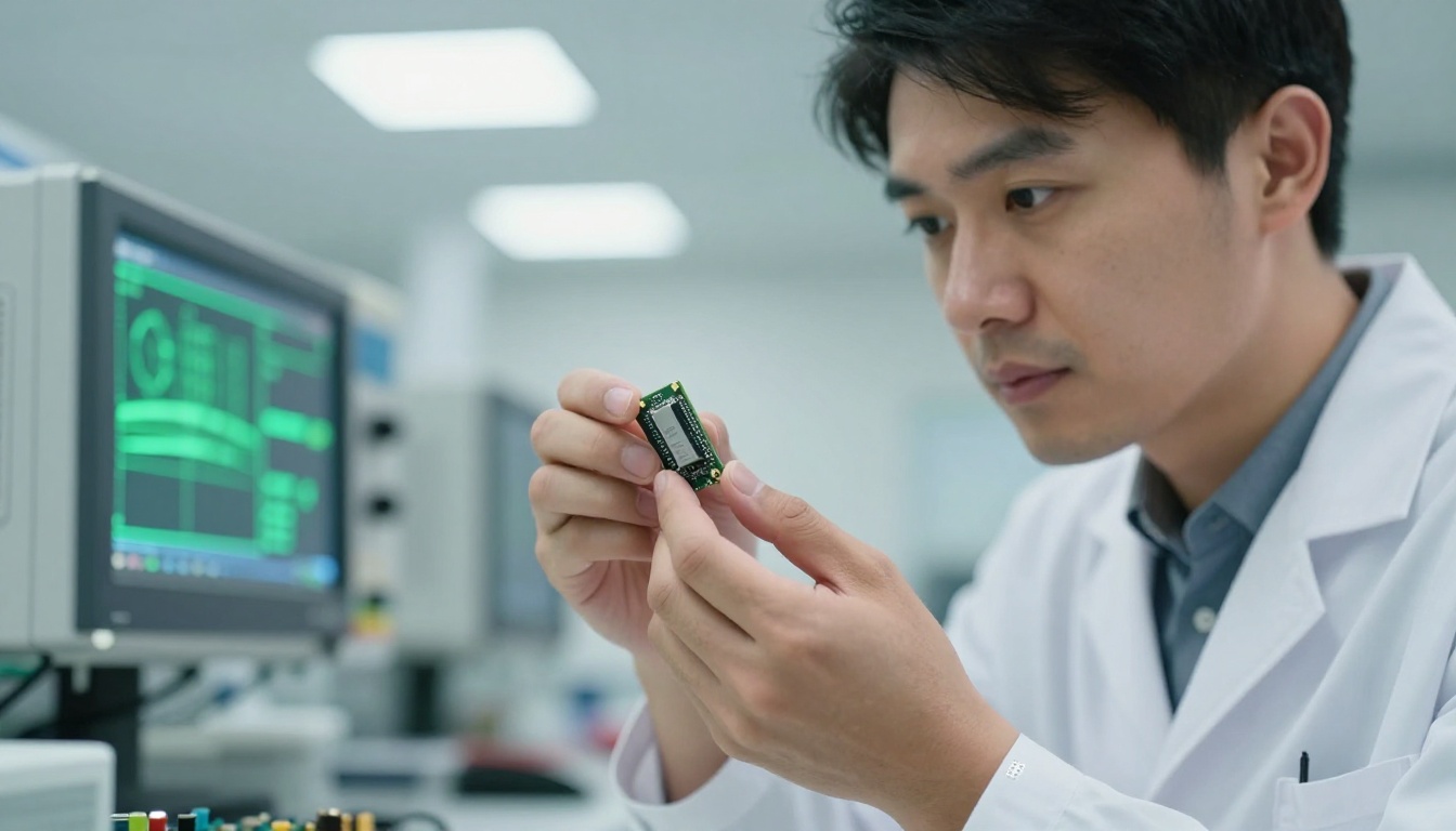 Engineer at laboratory bench examining an AI processing module under bright overhead lighting