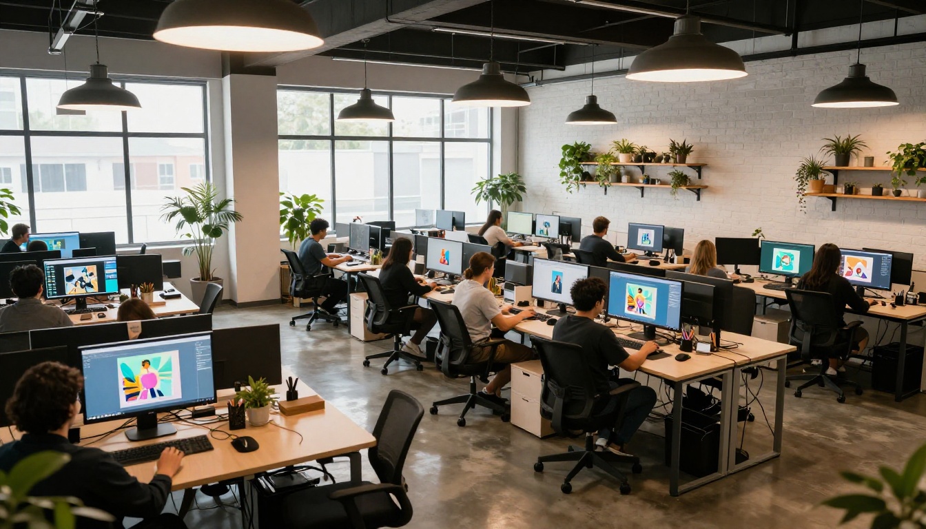 Wide establishing shot of a creative agency office with designers using AI image generation at individual workstations Wide establishing shot of a creative agency office with designers using AI image generation at individual workstations