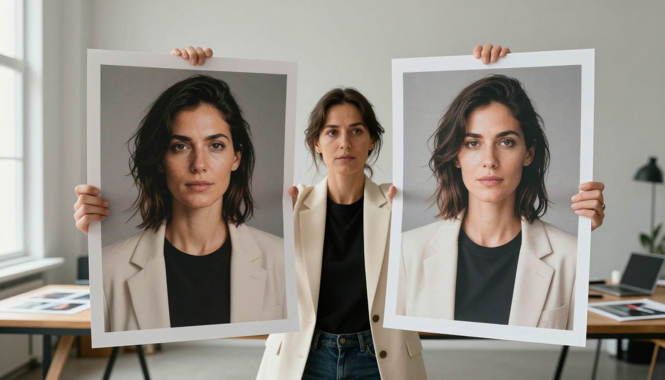 Creative director comparing two printed AI-generated photographs side by side