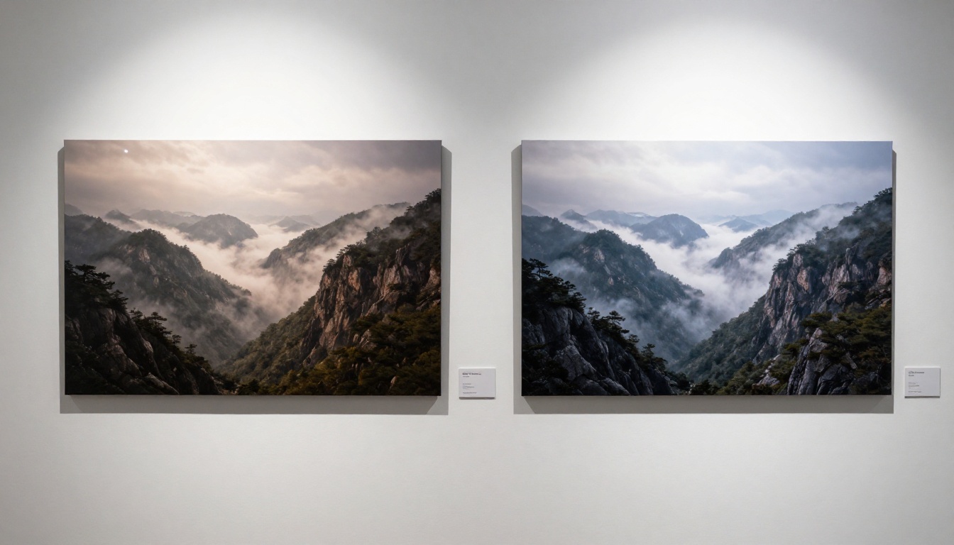 Two landscape prints mounted side by side on gallery white wall