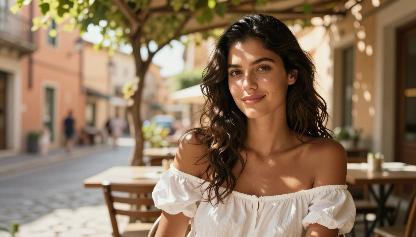 Portrait of young woman at outdoor Mediterranean cafe with natural sunlight