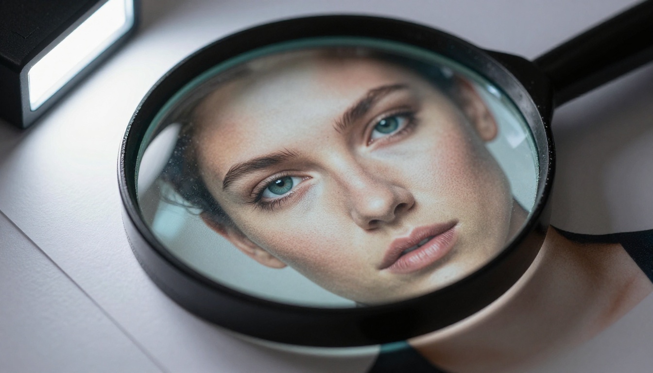 Extreme close-up macro of a printed AI-generated photo being examined under a loupe for quality inspection Extreme close-up macro of a printed AI-generated photo being examined under a loupe for quality inspection