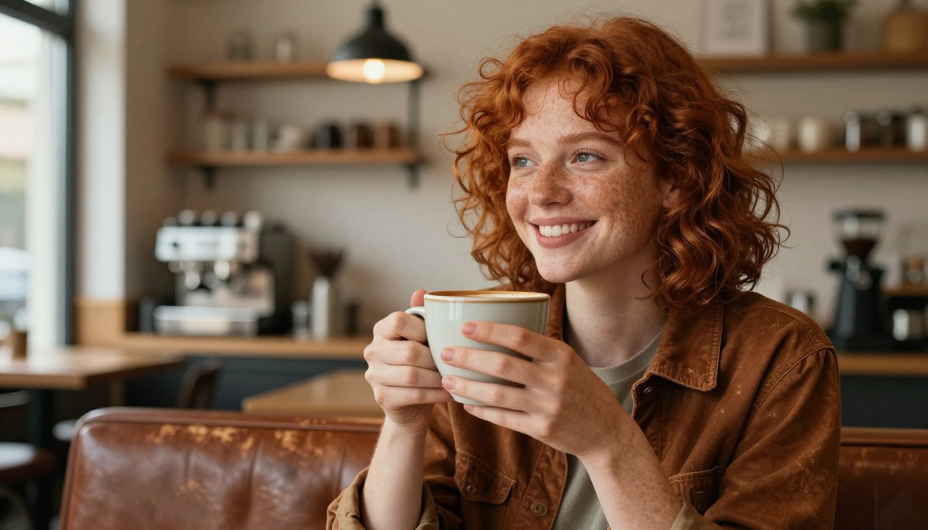 Woman with red curly hair in coffee shop holding latte mug