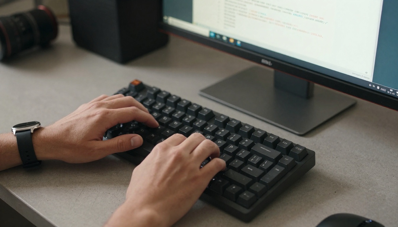 Developer's hands typing on mechanical keyboard with API terminal visible in background, close-up, warm natural light, photorealistic