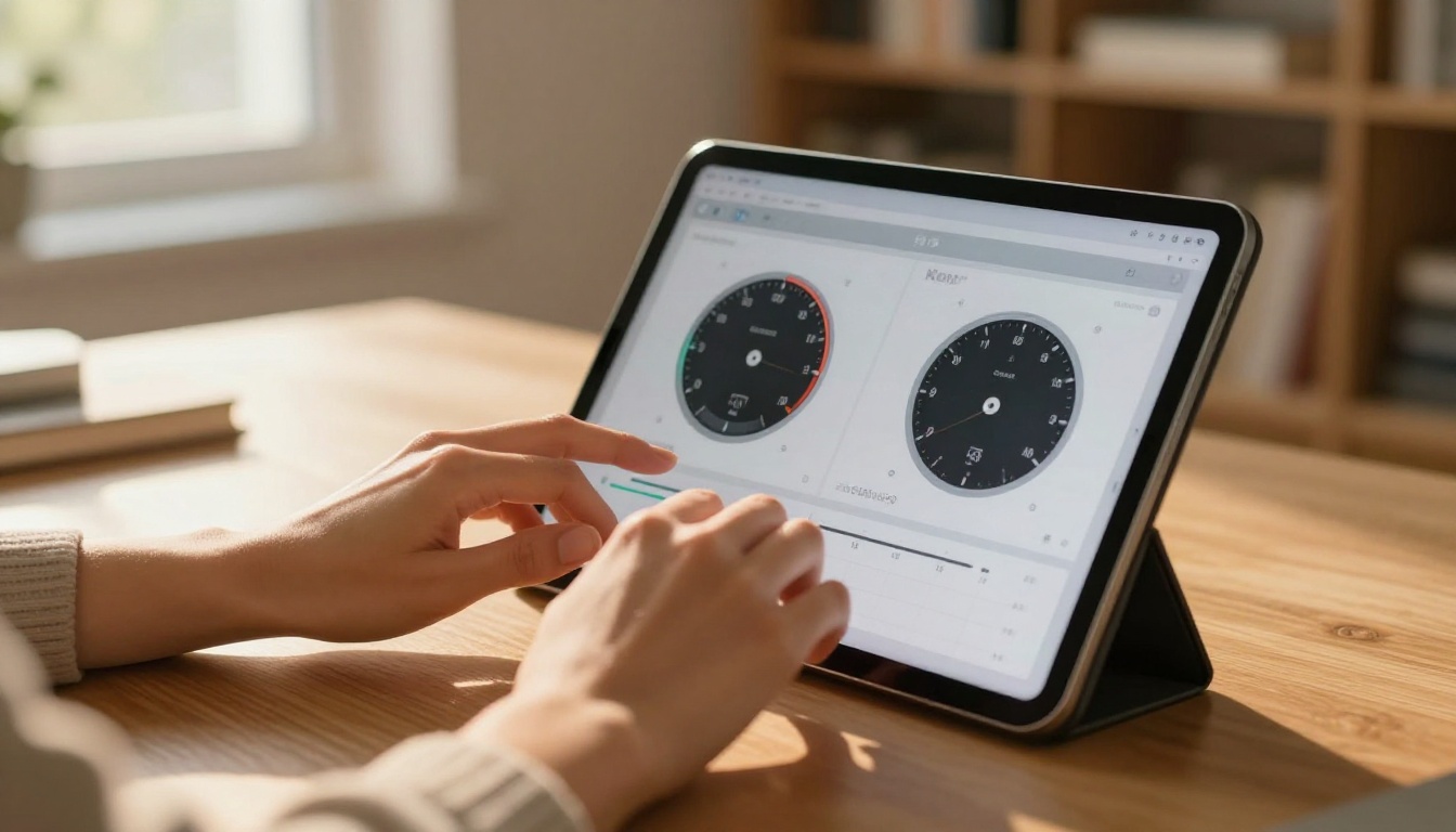 Woman reviewing AI-generated images on a tablet with performance data visible on screen